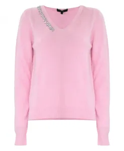 Элегантный тонкий свитер с V-образным вырезом, украшенный полудрагоценными камнями. Kocca, розовый