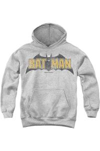 Батмен Винтажный логотип летучей мыши на сером детском худи с капюшоном Gildan, Athletic Heather
