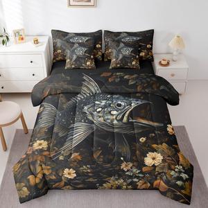 Erosebridal Комплект постельного белья Bass Fish с принтом морской фауны из микрофибры, Black Gray Gold