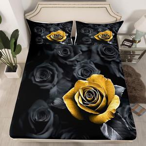Erosebridal Комплект постельного белья Black and Gold Rose с 3D розами в романтичном цветочном дизайне, Rose-04