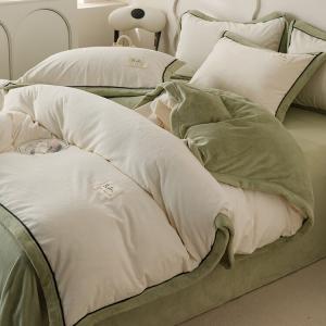 MUJI Комплект постельного белья 1,5 м, 4 предмета, для матраса 200x230 см, бежевый + светло-аквамариновый, высокоплотный молочный вельвет, малоосыпающийся, антистатик