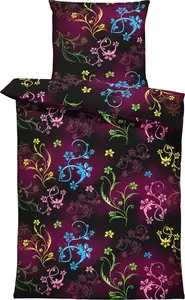 Комплект постельного белья с цветочным рисунком из 4 предметов, 155x220 см, разноцветный, черный, большой, микрофибра One-Home