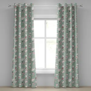 Занавеска на люверсах ABAKUHAUS Чаепитие, горошек на чайниках и чашках, кекс с вишенкой сверху, чайный пакетик, английская, декоративная двухпанельная штора на окно, 280 см x 245 см, цвет: миндально-зеленый коралловый