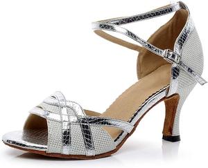 Босоножки на каблуке для женщин, туфли для латиноамериканских танцев, сальса, вечеринок, свадеб, бальные танцы (Цвет: серебро 8,3 см, Размер: 6,5 UK) Generic