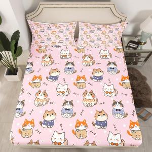 Erosebridal Детский комплект постельного белья Cartoon Cat с милыми котятами, розовый, из мягкого хлопка, Pink Brown Purple