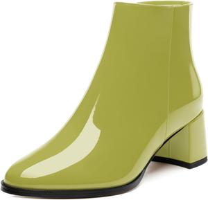 Женские ботильоны JUSTDANNI с круглым носком, массивным каблуком и высоким каблуком, удобная боковая молния, лакированные ботильоны для вечеринки, работы, повседневной носки и свадьбы, Olive Green
