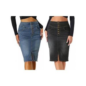 2 упаковки женской повседневной джинсовой юбки с высокой талией, разрезом спереди и клешем Allegra K, Blue Black