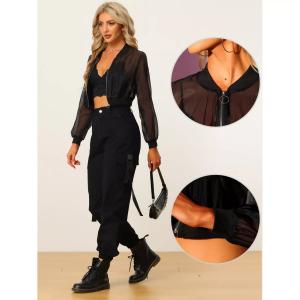 Укороченный бомбер для женщин. Повседневные легкие куртки на молнии. ALLEGRA K, черный