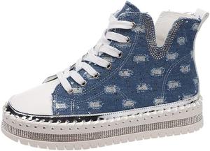 Женские высокие кроссовки на платформе из денима с стразами, модные прогулочные повседневные ботинки на шнуровке до щиколотки Generic, A