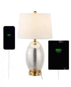 Современная светодиодная настольная лампа Reese 26,5 дюйма из железа и стекла с одной розеткой и USB-портом для зарядки, серебро/латунь золото Jonathan Y, silver