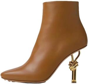 Женские термоботинки с квадратным носком, металлическим узлом на каблуке, боковой молнией, тонким шпилькой, для снега и вечеринок Generic, Brown