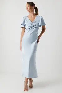 Атласное платье миди с рукавами ангела и закрученной передней частью для подружек невесты Oasis, синий