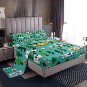 Erosebridal Комплект постельного белья King Woodland Camping с принтом в тематике кемпинга и кемпера, цвет морской волны, Green Teal