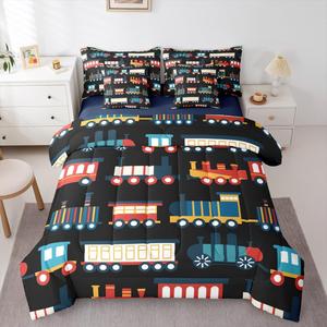 Erosebridal Комплект постельного белья Cartoon Train с принтом паровозиков и транспортных средств, включает пододеяльник, простыню и наволочки, Black,red,teal
