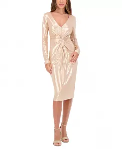 Женское металлизированное платье-футляр с длинными рукавами и скрученной талией Siena, синий