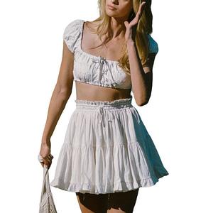 Женская мини-юбка с ярусами и рюшами на высокой талии с эластичным поясом и шнурком Clearflower, White