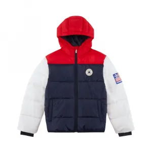 Куртка-пуховик Converse Varsity для мальчиков, цветные блоки, на молнии, с капюшоном, GBO294, синий
