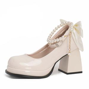 Take the Qin Женские туфли Мэри Джейн на массивном каблуке с обновлённым бантом бежевые, цвет Beige Upgraded Bowknot