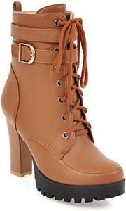 Женские ботильоны FufoneUS на платформе с высокой толстой шпилькой, кружевной застежкой, круглым носком, молнией и пряжкой, повседневные ботинки до щиколотки, Brown