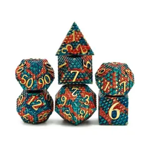 Полимерный набор «Чешуйка дракона» — синий огонь с золотом (7), Dice Sets - Metal - Dragonstone, Dragon, Dragon Scale, Hidden Dragon