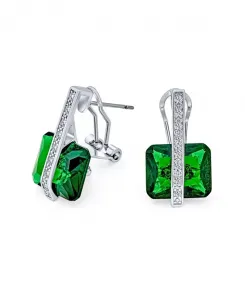Серьги-Подвески из кубического циркония в стиле ар-деко с квадратным прямоугольником изумрудной огранки, покрытые родием, с омега-застежкой Bling Jewelry, green