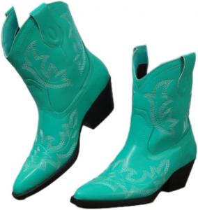 Женские ковбойские сапоги SACFOF для высокой и широкой голени, западные ботильоны с вышивкой, заостренным носком, коротким массивным каблуком, на подъем с резиновым верхом, Green