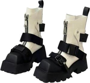 Женские ботинки на массивном каблуке с застежкой-молнией спереди, панк Y2K, квадратный носок, регулируемая пряжка, ботинки-рейдеры до щиколотки ZQW, White