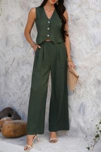 Сплошной жилет с V-образным вырезом и пуговицами, плиссированный костюмный комплект TRUEDAMES, оливковый