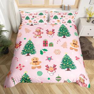 Erosebridal Комплект постельного белья с новогодним принтом Gingerbread Man и оленями в розовых тонах для детей, Pink Brown