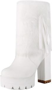 Женские сапоги средней длины с массивным каблуком, толстой платформой и меховой подкладкой, с боковой молнией, зимние туфли для рождественской вечеринки и снега ZQW, White