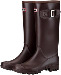 Женские длинные резиновые сапоги на каблуке, с модным ремешком и пряжкой, водонепроницаемые, слипоны, противоскользящие для улицы Clolinde, Brown