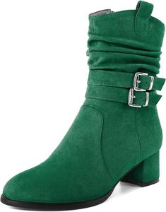 Женские ботинки YODEKS на низком каблуке с массивным каблуком, молнией, 2-дюймовым закругленным носком и пряжкой, замшевые, размер 5-13, Green