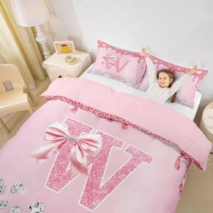 Erosebridal Комплект постельного белья с розовыми бантами и монограммой W, блестящее покрывало в стиле принцессы, Pink W