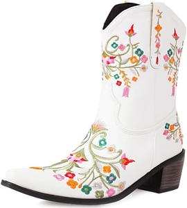 Женские ковбойские ботинки YIYA с цветочной вышивкой, ботильоны в западном стиле с цветочным узором, заостренным носком, на устойчивом каблуке, без застежки, White