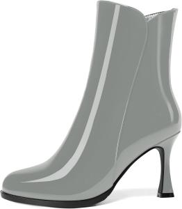 Женские ботильоны на высоком каблуке 3,3 дюйма с круглым носком, молнией и лакированной кожей, свадебное платье DEMOSHINE, Grey