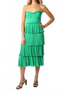 Лайла Бесплечевое платье миди с рюшами в зеленом OLIVACEOUS