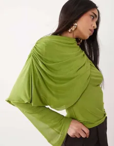 Зеленый сетчатый топ с длинными рукавами и драпированным вырезом ASOS DESIGN