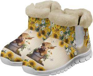 Женские зимние ботинки JoyLamoria с утеплителем из меха, нескользящие, ботильоны до щиколотки, водонепроницаемые, для холодной погоды и снега, Sunflower Highland Cattle