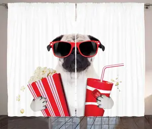 Штора ABAKUHAUS "Мопс в деревенском стиле", "Посещение кинотеатра с собакой", присборенная штора для спальни с петлями и крючками, 280 x 175 см, цвет: кремовый, красный, черный