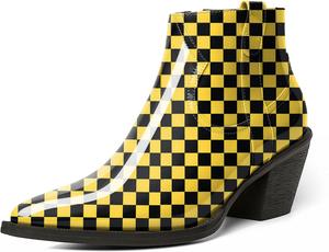 Женские ботильоны Esvowido с заостренным носком, низким каблуком, массивным каблуком, короткие ботинки с боковой молнией и мехом, офисные осенние ботинки, Checkered Yellow
