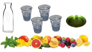 Графин с крышкой 1 литр + стакан 270мл набор из 4 стаканов для воды + металлический поднос 33см высота 5 см James Premium