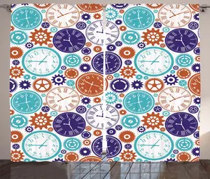 Винтажная штора в деревенском стиле ABAKUHAUS, часы с римскими цифрами, присборенная штора из тесьмы с петлями и крючками, 280 x 175 см, синий с темно-оранжевым Abakuhaus