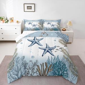 Erosebridal Комплект постельного белья Ocean Starfish Full Teal Blue с морским принтом для детей, Blue Teal Brown