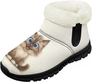 Детские зимние ботинки для девочек с меховой подкладкой, с короткой подошвой, противоскользящие, легкие уличные теплые ботинки для малышей Pointodoor, Cat Dog Pattern