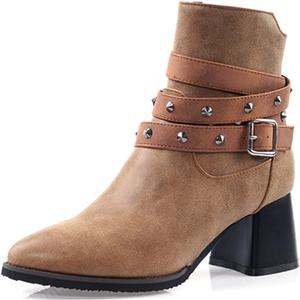 Женские модные ботильоны с массивным каблуком, боковой молнией, удобные, лаконичные, с заклепками и пряжкой, с заостренным носком и высокими каблуками, короткие ботинки LYYSKY, Brown