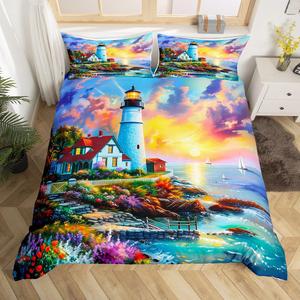 Erosebridal Комплект постельного белья Summer Ocean с 3D принтом морского пейзажа и романтичными цветами, Purple Red Blue