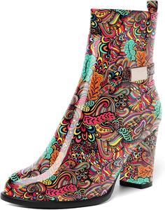 Женские ботинки AMBELIGHT с лакированной застежкой-молнией, повседневные, с круглым носком, на массивном высоком каблуке, ботильоны, 8,4 см, Colorful Graffiti