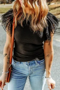 Черный трикотажный топ в горошек с сетчатыми вставками и оборками на рукавах Truedames