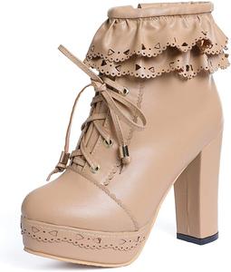 Женская мода Ботильоны на высокой платформе с толстой подошвой и шнуровкой Сладкая Лолита с рюшами Короткие ботинки LYYSKY, Apricot