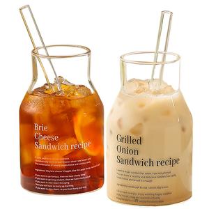 Прозрачные стеклянные стаканы 650 мл KAWASIMAYA, [Black+White]Letter Glass Cup 650Ml (Includes Straw)